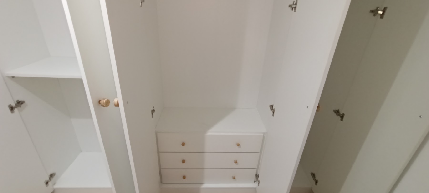Interior del armario: baldas, barra y cajonera